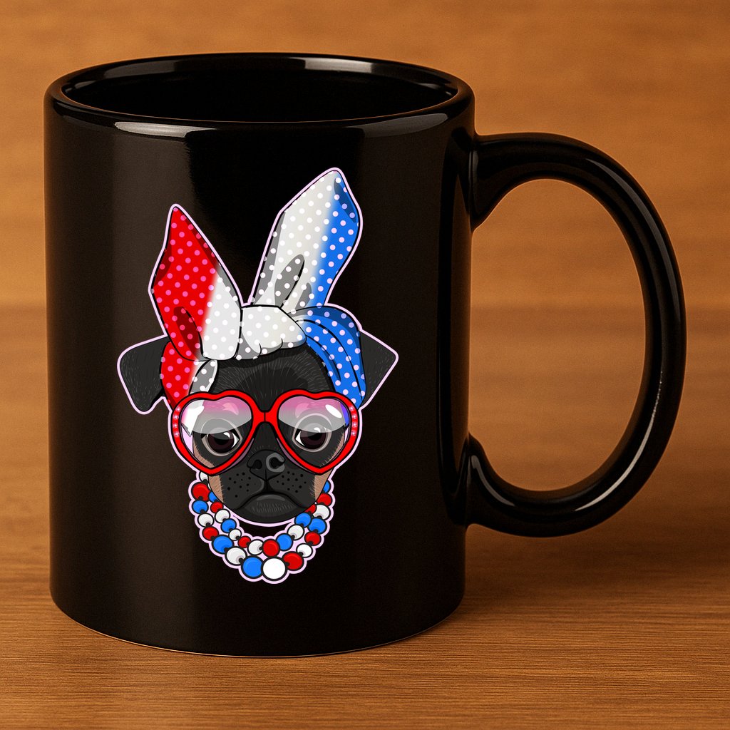 Red White And Blue Hipster Pug 11oz C Handle Ceramic Mug