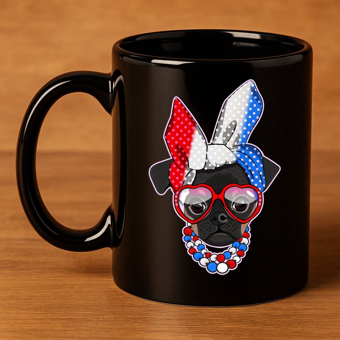 Red White And Blue Hipster Pug 11oz C Handle Ceramic Mug