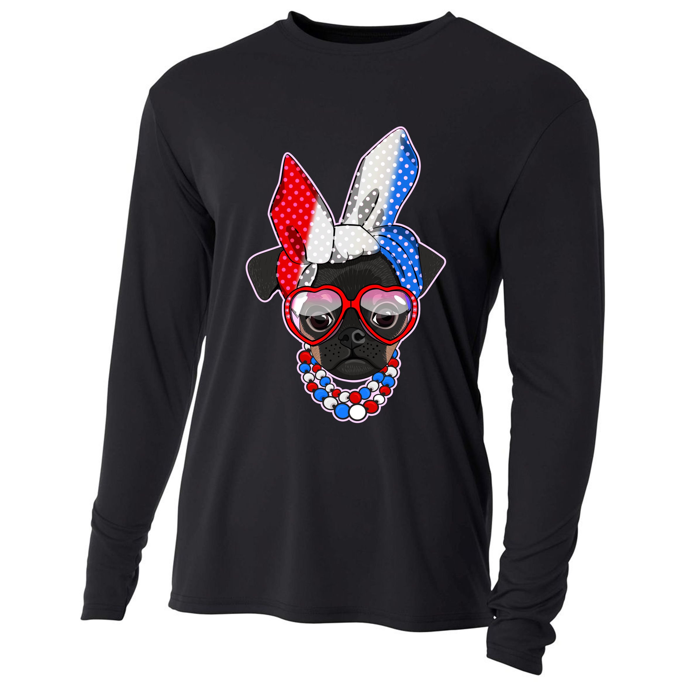 Red White And Blue Hipster Pug Cooling Performance Long Sleeve Crew