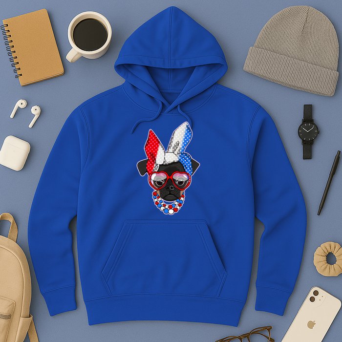 Red White And Blue Hipster Pug Hoodie