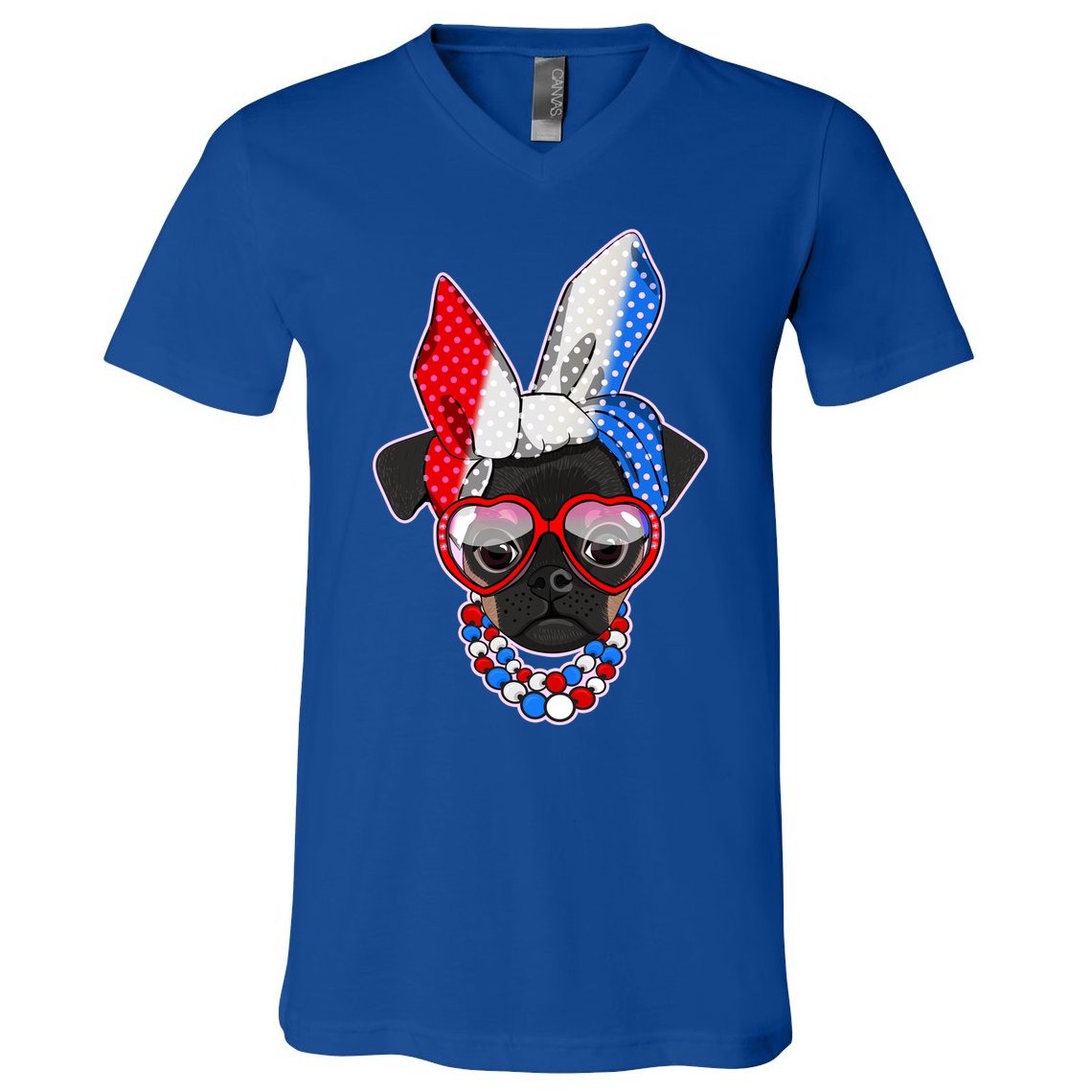 Red White And Blue Hipster Pug V-Neck T-Shirt