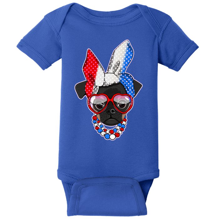 Red White And Blue Hipster Pug Baby Bodysuit