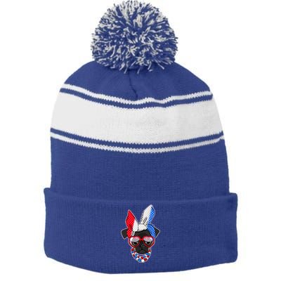 Red White And Blue Hipster Pug Stripe Pom Pom Beanie