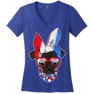 Red White And Blue Hipster Pug Women's V-Neck T-Shirt