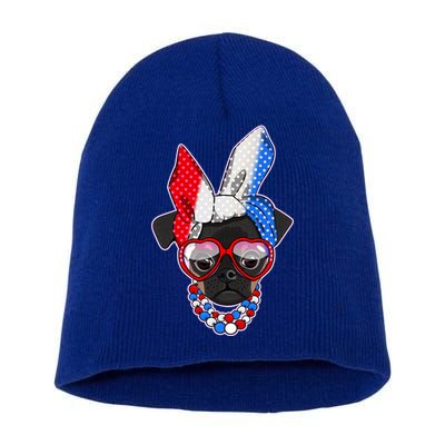 Red White And Blue Hipster Pug Short Acrylic Beanie