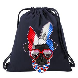 Red White And Blue Hipster Pug Drawstring Bag