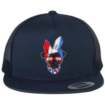 Red White And Blue Hipster Pug Flat Bill Trucker Hat