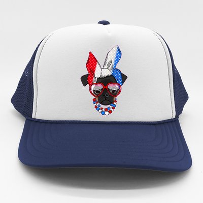 Red White And Blue Hipster Pug Trucker Hat