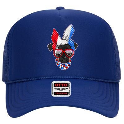 Red White And Blue Hipster Pug High Crown Mesh Back Trucker Hat