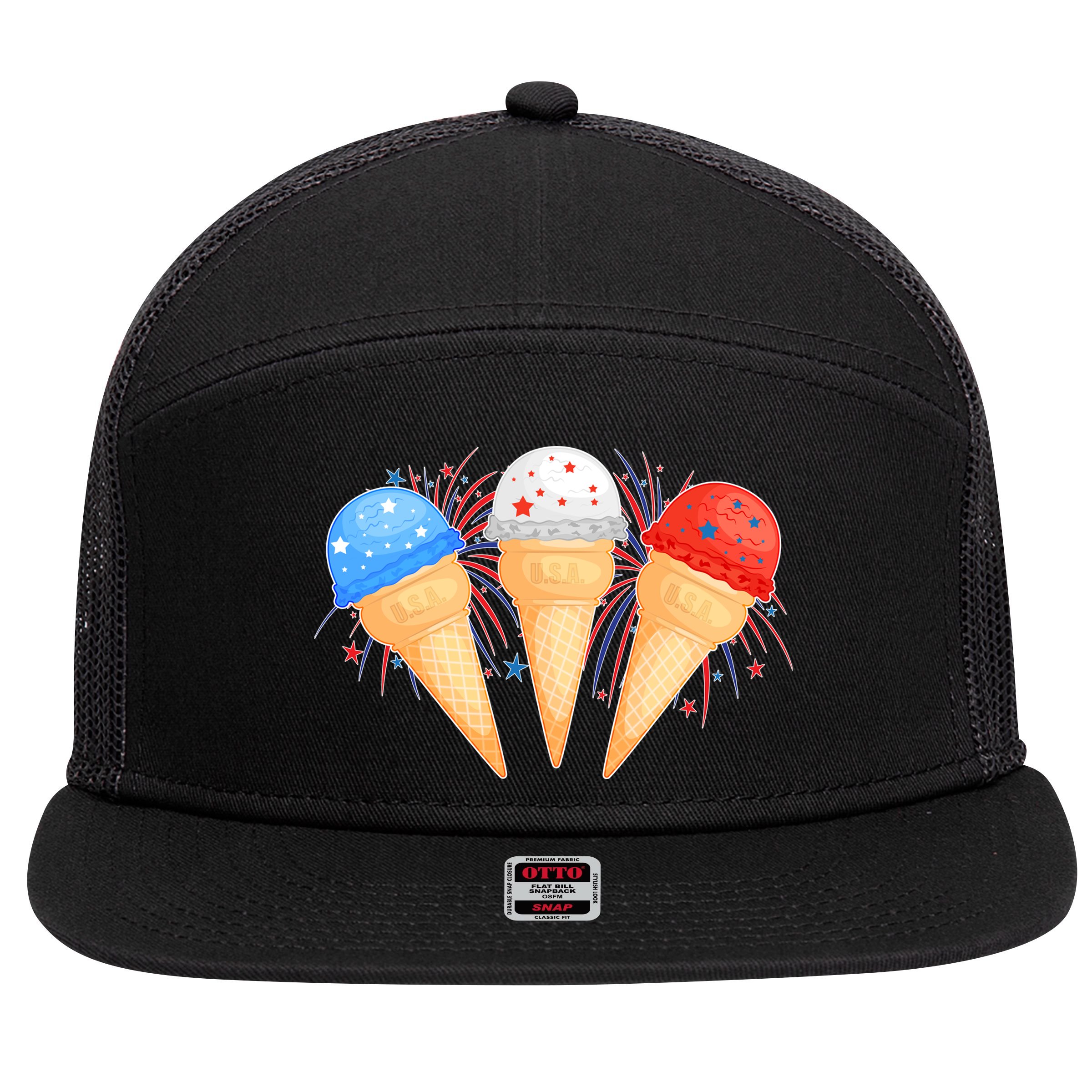 Red White and Blue USA American Ice Cream Cones 7 Panel Mesh Trucker Snapback Hat