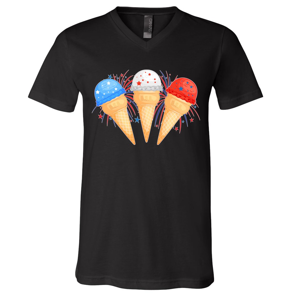 Red White and Blue USA American Ice Cream Cones V-Neck T-Shirt
