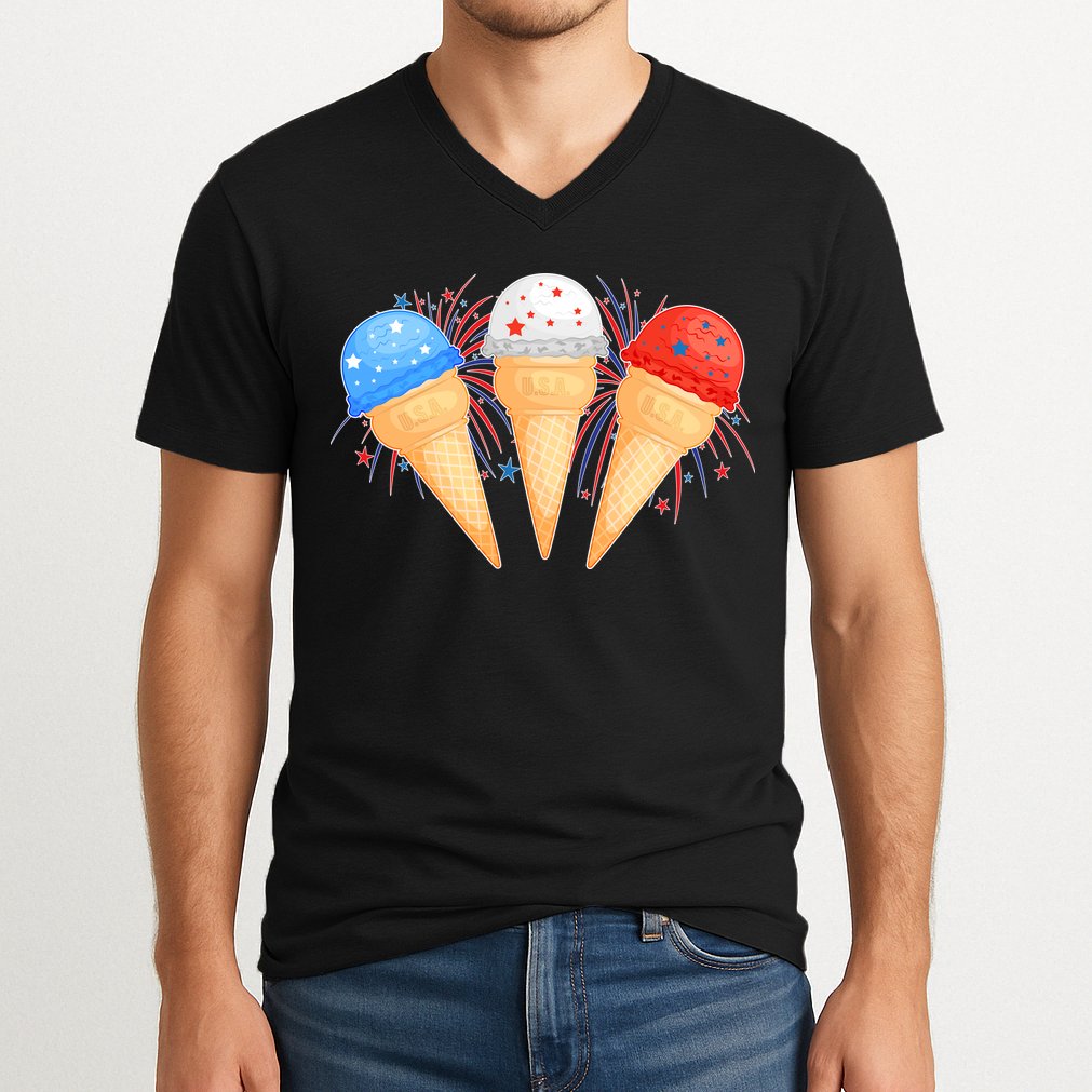 Red White and Blue USA American Ice Cream Cones V-Neck T-Shirt