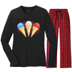 Red White and Blue USA American Ice Cream Cones Women's Long Sleeve Flannel Pajama Set 