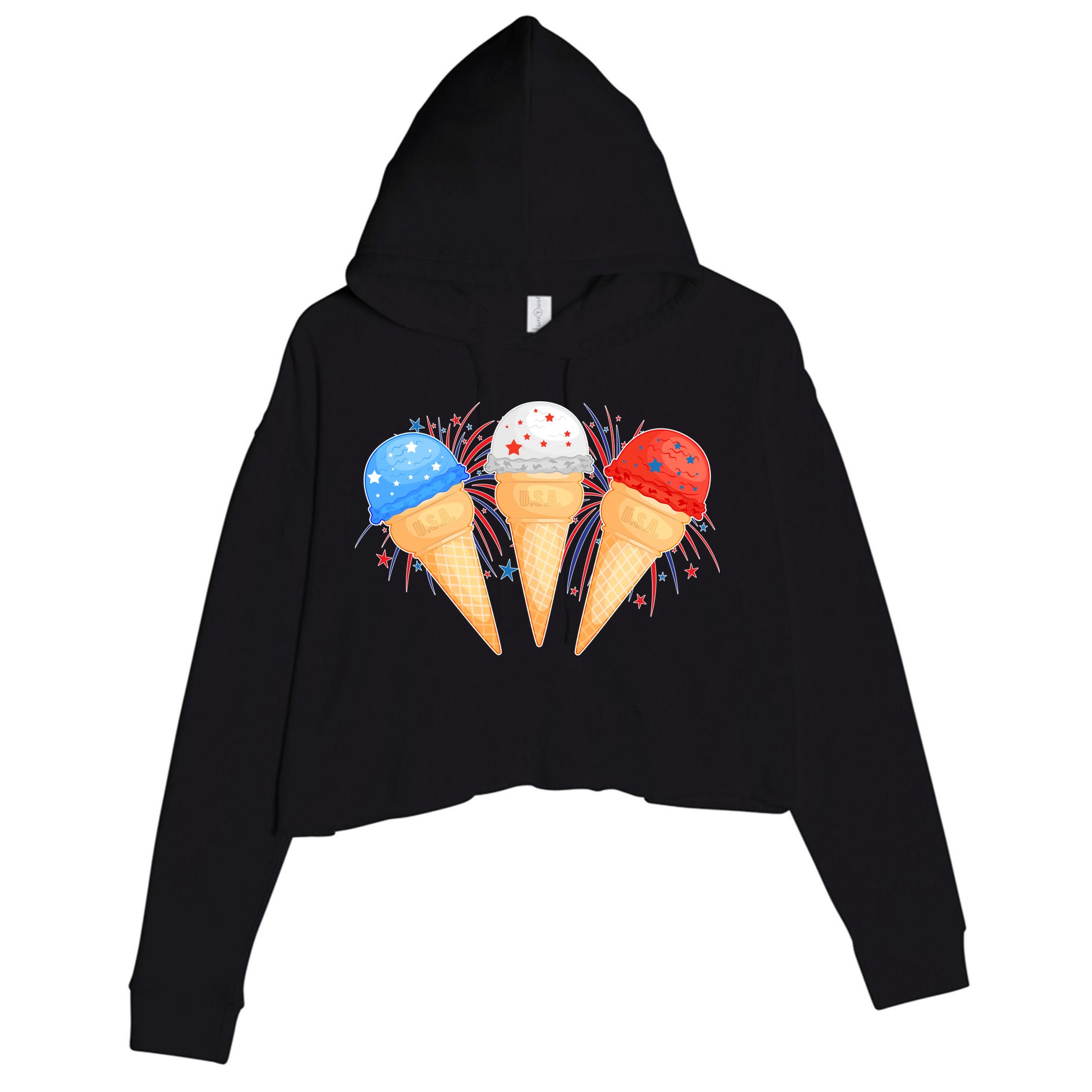 Red White and Blue USA American Ice Cream Cones Crop Fleece Hoodie