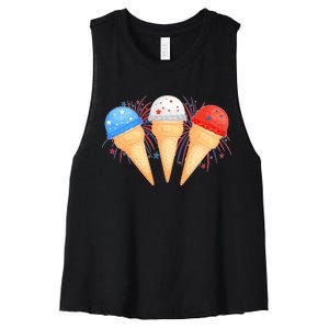 Red White and Blue USA American Ice Cream Cones Women's Racerback Cropped Tank