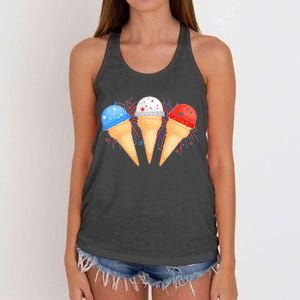 Red White and Blue USA American Ice Cream Cones Women's Knotted Racerback Tank