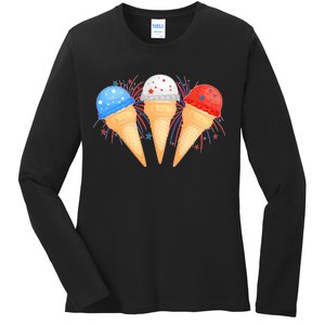 Red White and Blue USA American Ice Cream Cones Ladies Long Sleeve Shirt