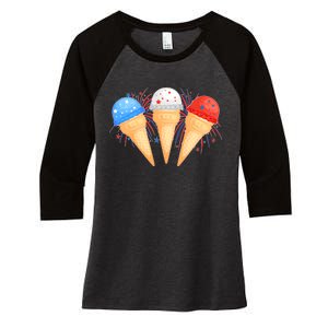 Red White and Blue USA American Ice Cream Cones Women's Tri-Blend 3/4-Sleeve Raglan Shirt