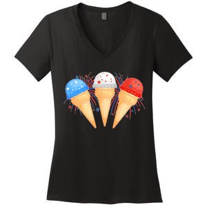 Red White and Blue USA American Ice Cream Cones Women's V-Neck T-Shirt