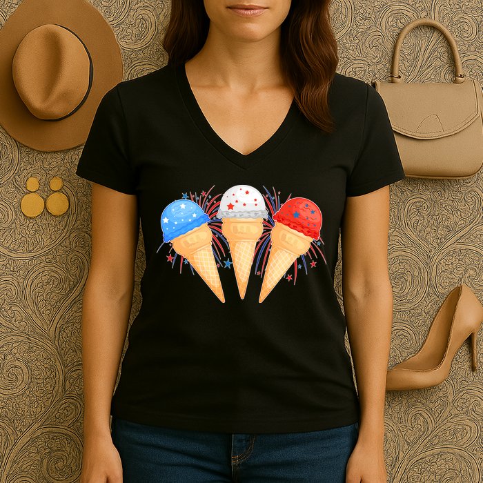 Red White and Blue USA American Ice Cream Cones Women's V-Neck T-Shirt