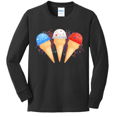 Red White and Blue USA American Ice Cream Cones Kids Long Sleeve Shirt