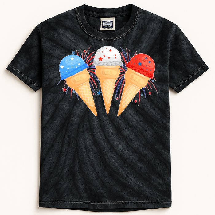 Red White and Blue USA American Ice Cream Cones Kids Tie-Dye T-Shirt