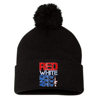 Red White And Pew Pew Pew USA Guns Pom Pom 12in Knit Beanie