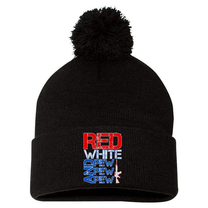 Red White And Pew Pew Pew USA Guns Pom Pom 12in Knit Beanie