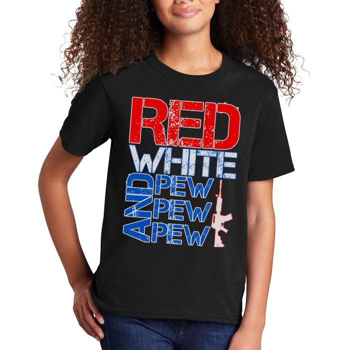 Red White And Pew Pew Pew USA Guns Kids T-Shirt