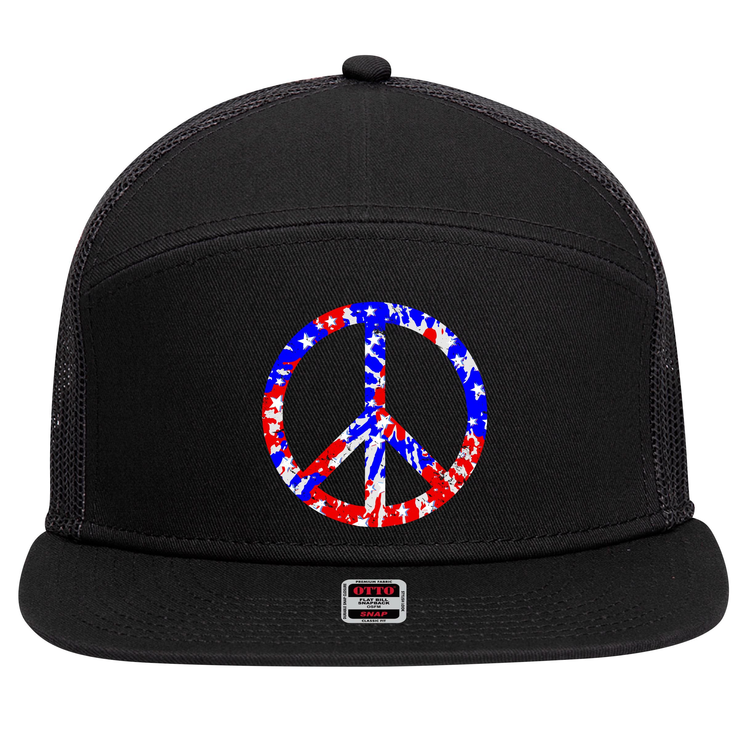 Red White Blue Dyed Peach Sign Stars 7 Panel Mesh Trucker Snapback Hat
