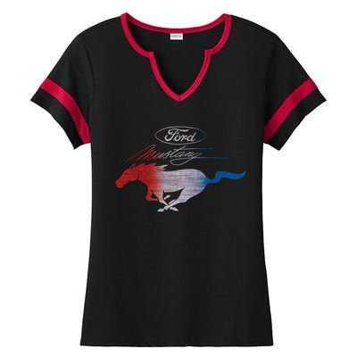 Red White Blue Mustang Logo Ladies Halftime Notch Neck Tee