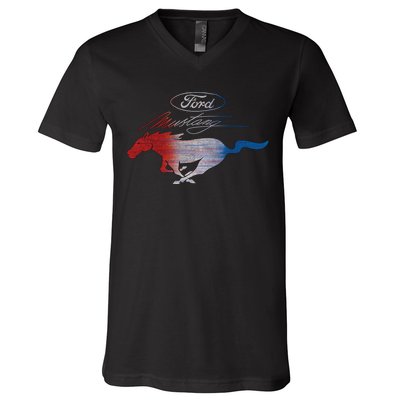 Red White Blue Mustang Logo V-Neck T-Shirt