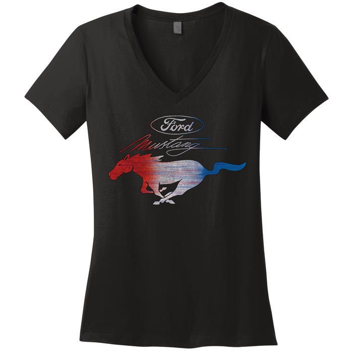 Red White Blue Mustang Logo Women's V-Neck T-Shirt