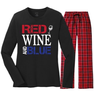 Red Wine and Blue USA Flag Women's Long Sleeve Flannel Pajama Set 