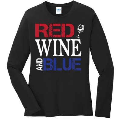 Red Wine and Blue USA Flag Ladies Long Sleeve Shirt