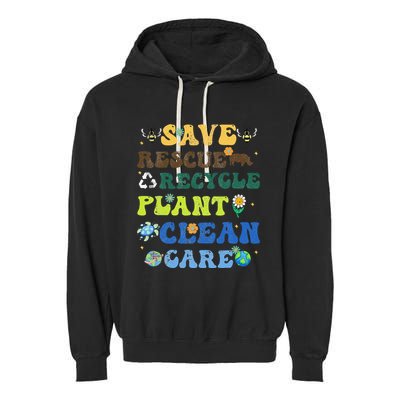 Retro Earth Day Save Bees Rescue Animals Recycle Plastics Garment-Dyed Fleece Hoodie