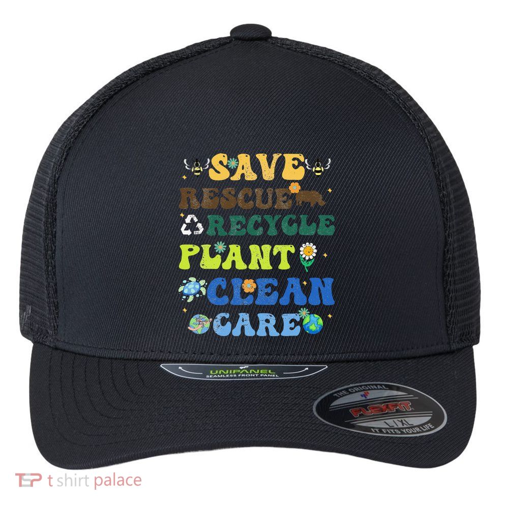 Retro Earth Day Save Bees Rescue Animals Recycle Plastics Flexfit Unipanel Trucker Cap