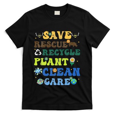 Retro Earth Day Save Bees Rescue Animals Recycle Plastics T-Shirt