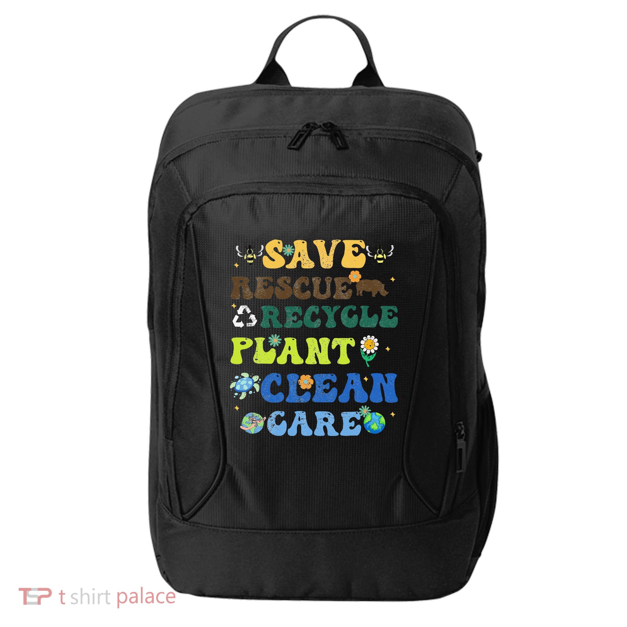 Retro Earth Day Save Bees Rescue Animals Recycle Plastics City Backpack