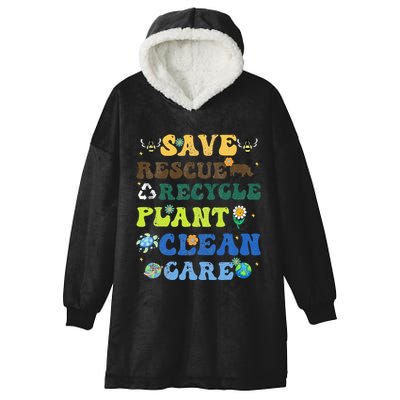 Retro Earth Day Save Bees Rescue Animals Recycle Plastics Hooded Wearable Blanket