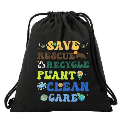 Retro Earth Day Save Bees Rescue Animals Recycle Plastics Drawstring Bag
