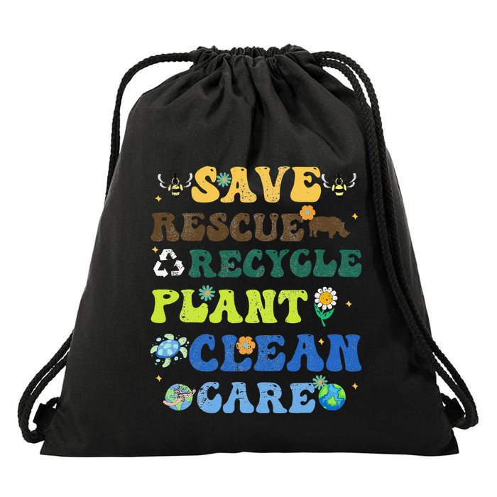 Retro Earth Day Save Bees Rescue Animals Recycle Plastics Drawstring Bag