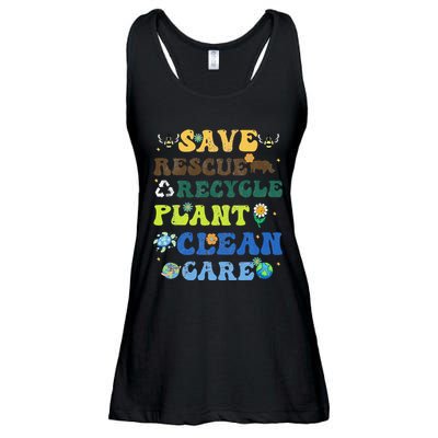 Retro Earth Day Save Bees Rescue Animals Recycle Plastics Ladies Essential Flowy Tank
