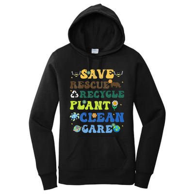 Retro Earth Day Save Bees Rescue Animals Recycle Plastics Women's Pullover Hoodie