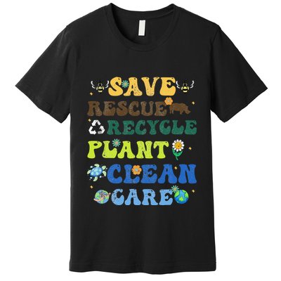 Retro Earth Day Save Bees Rescue Animals Recycle Plastics Premium T-Shirt