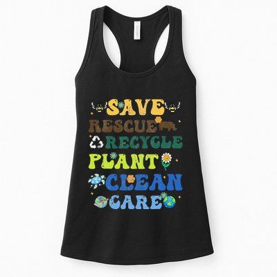 Retro Earth Day Save Bees Rescue Animals Recycle Plastics Womens Tank Top