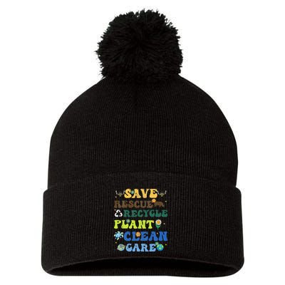 Retro Earth Day Save Bees Rescue Animals Recycle Plastics Pom Pom 12in Knit Beanie