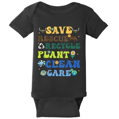 Retro Earth Day Save Bees Rescue Animals Recycle Plastics Baby Bodysuit