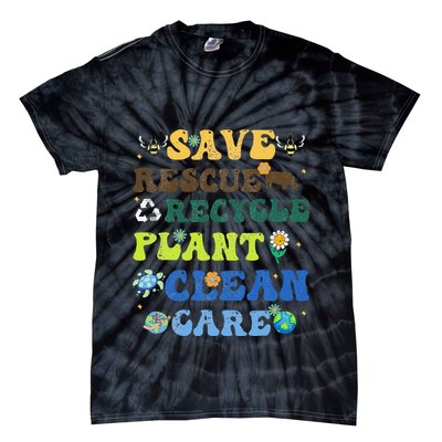 Retro Earth Day Save Bees Rescue Animals Recycle Plastics Tie-Dye T-Shirt
