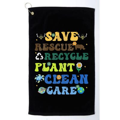 Retro Earth Day Save Bees Rescue Animals Recycle Plastics Golf Towel